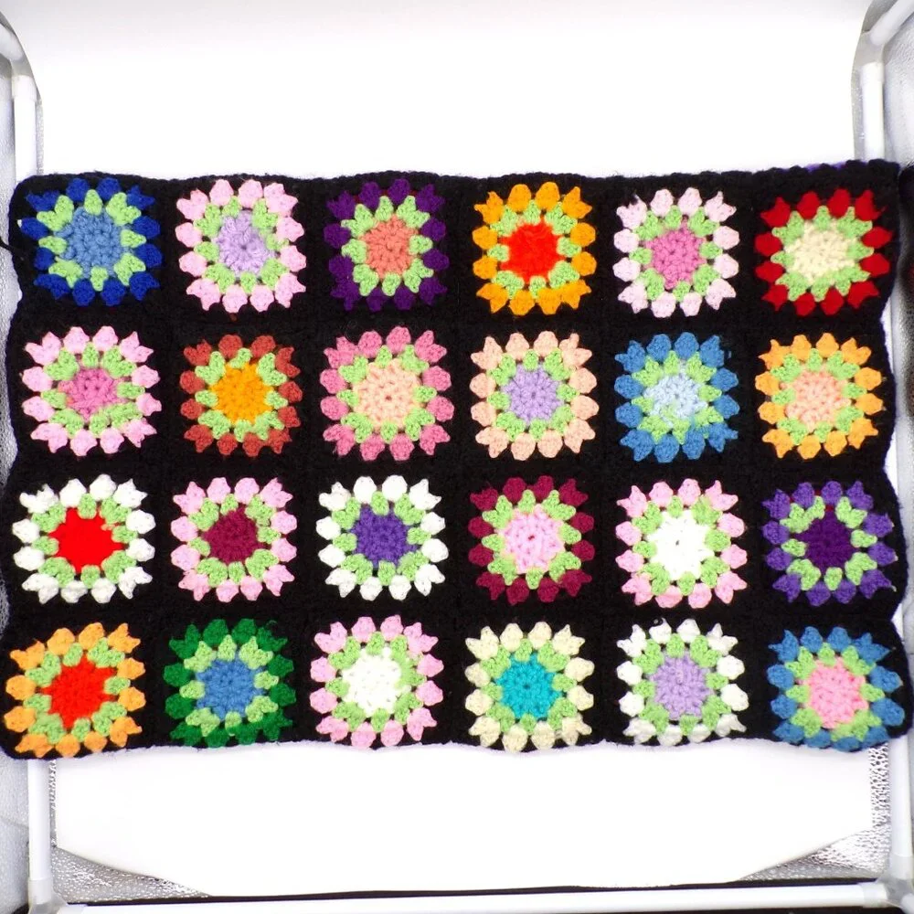 Granny Square Afghan Black 3D Flowers Throw Lap Blanket Small 34” X 25”